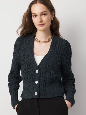 WHBM Metallic Green Shine Chenille Cardigan Sparkle Buttons Size M NWT